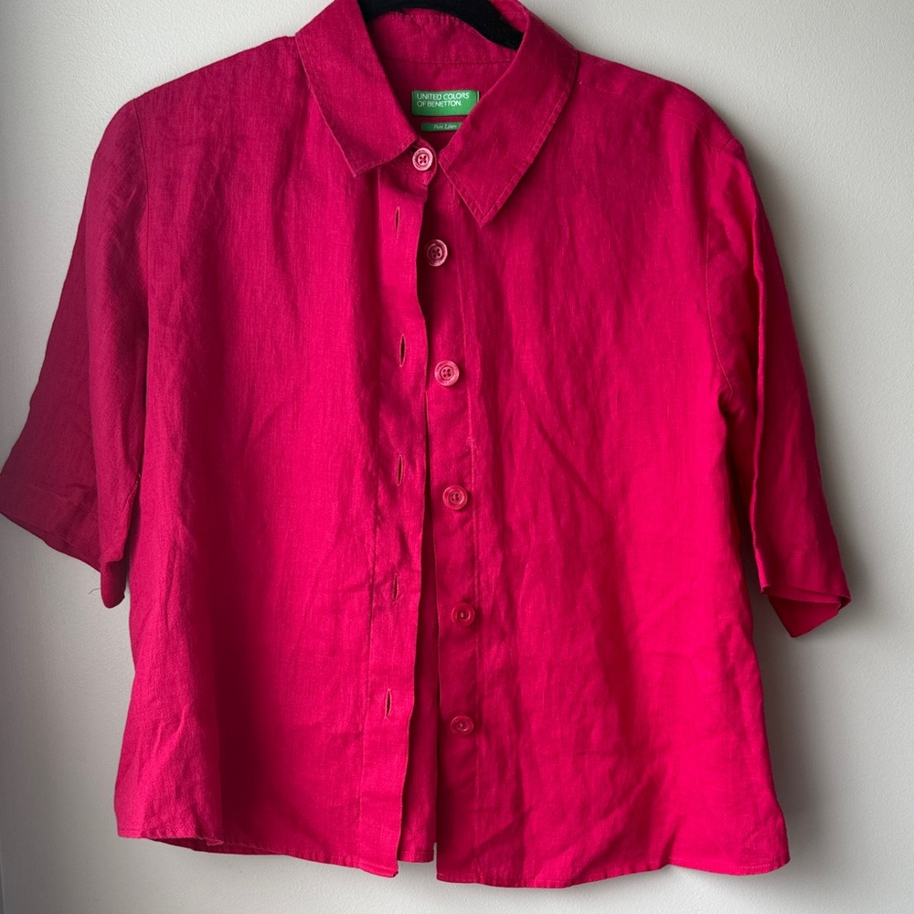 United Colors Of Benetton vintage 100% linen Fuchsia Button Down Shirt